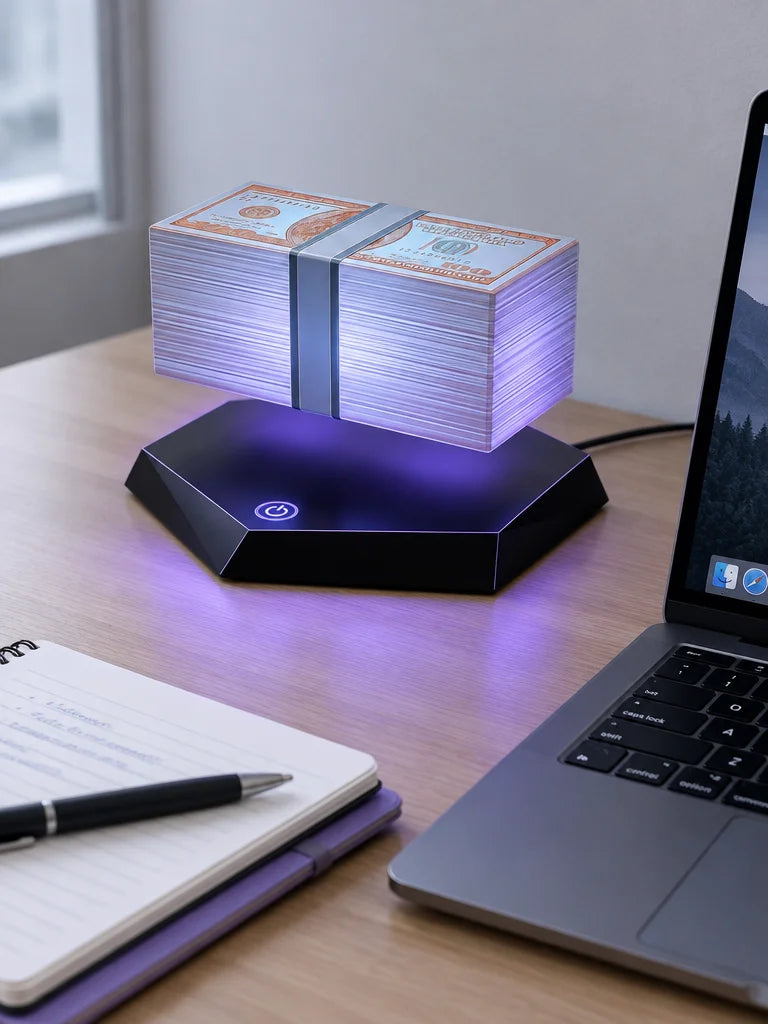 A real interior photograph of the exact reference lamp living on a practical work-from-home desk in