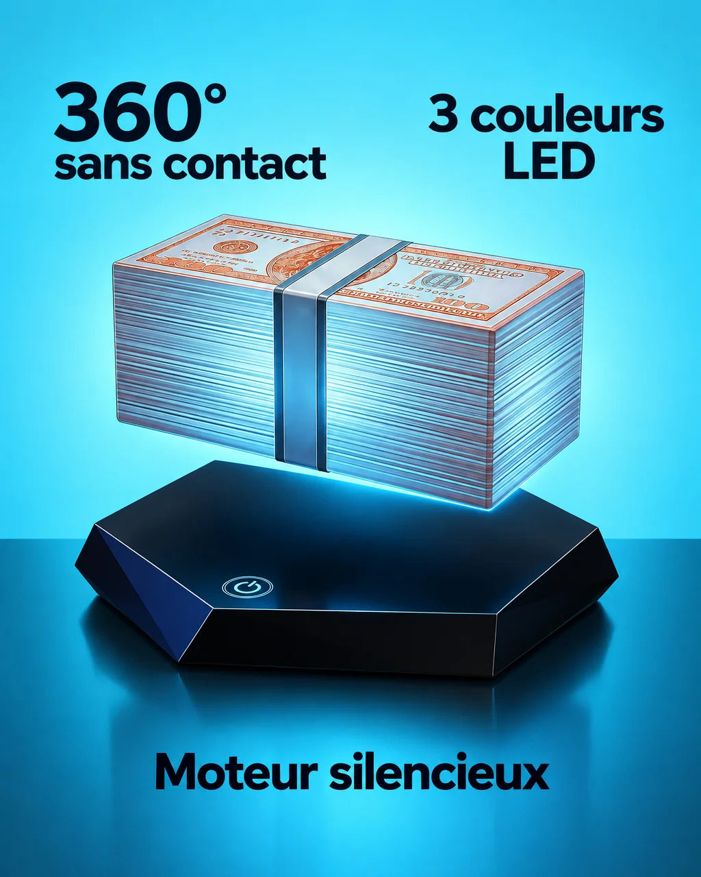 A French fact-poster graphic composed around the exact reference lamp, large and crisp on a luminous