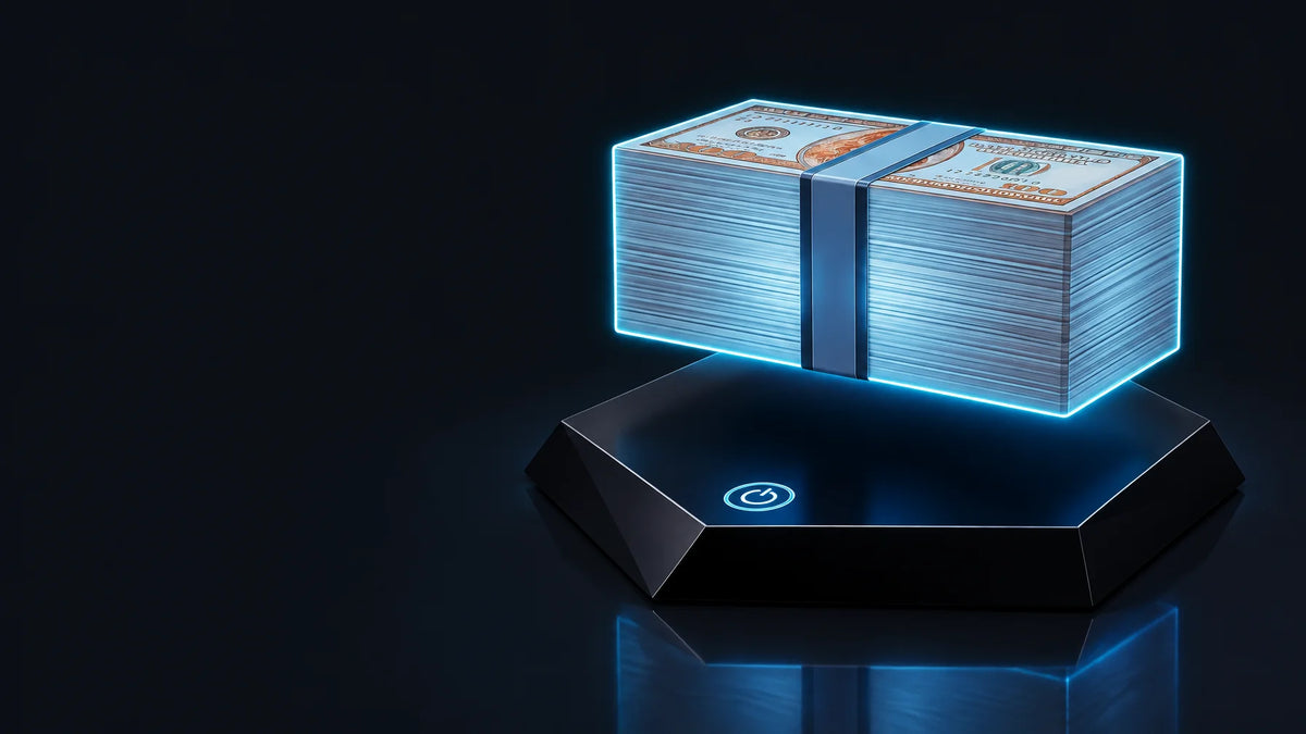 A dramatic product photograph of the exact levitating dollar lamp in the supplied reference: a broad