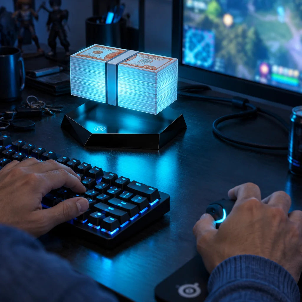 A candid usage photograph of the exact reference lamp on a real gaming desk at night, its black face