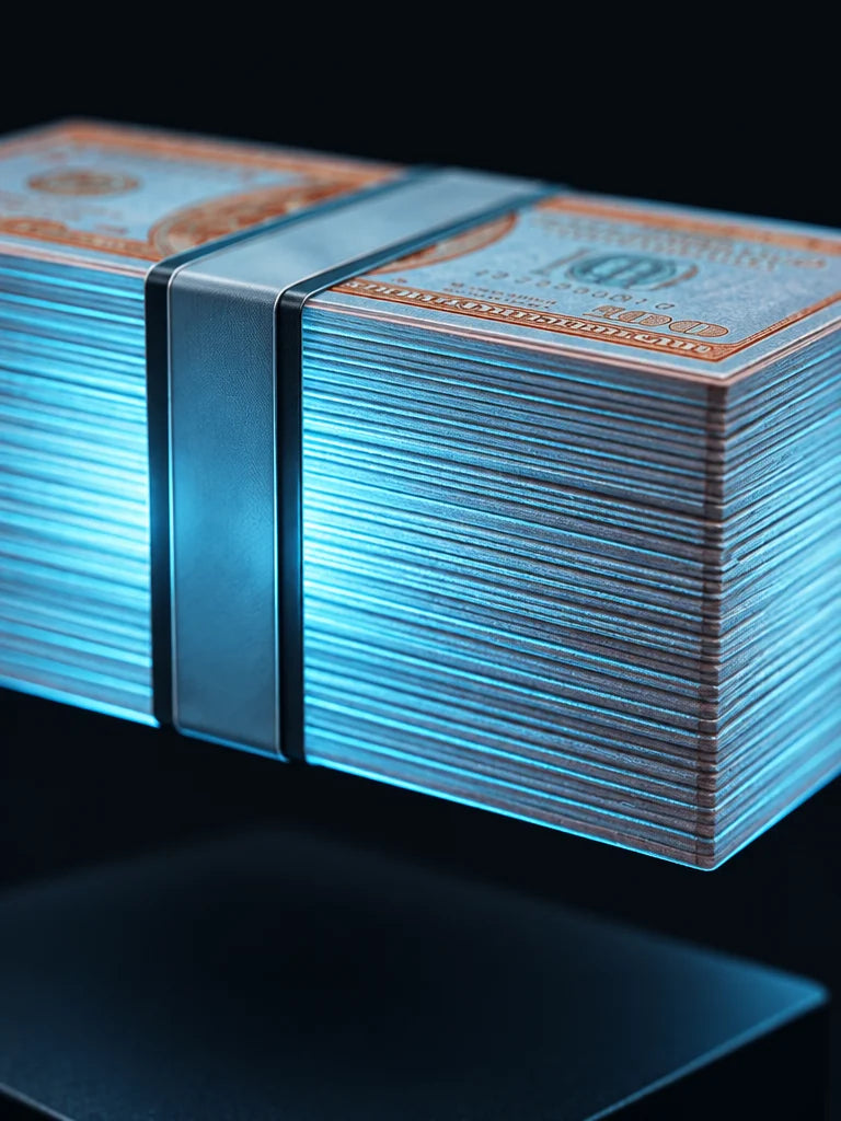 An extreme macro product photograph of the exact reference lamp’s floating strapped banknote bundle,